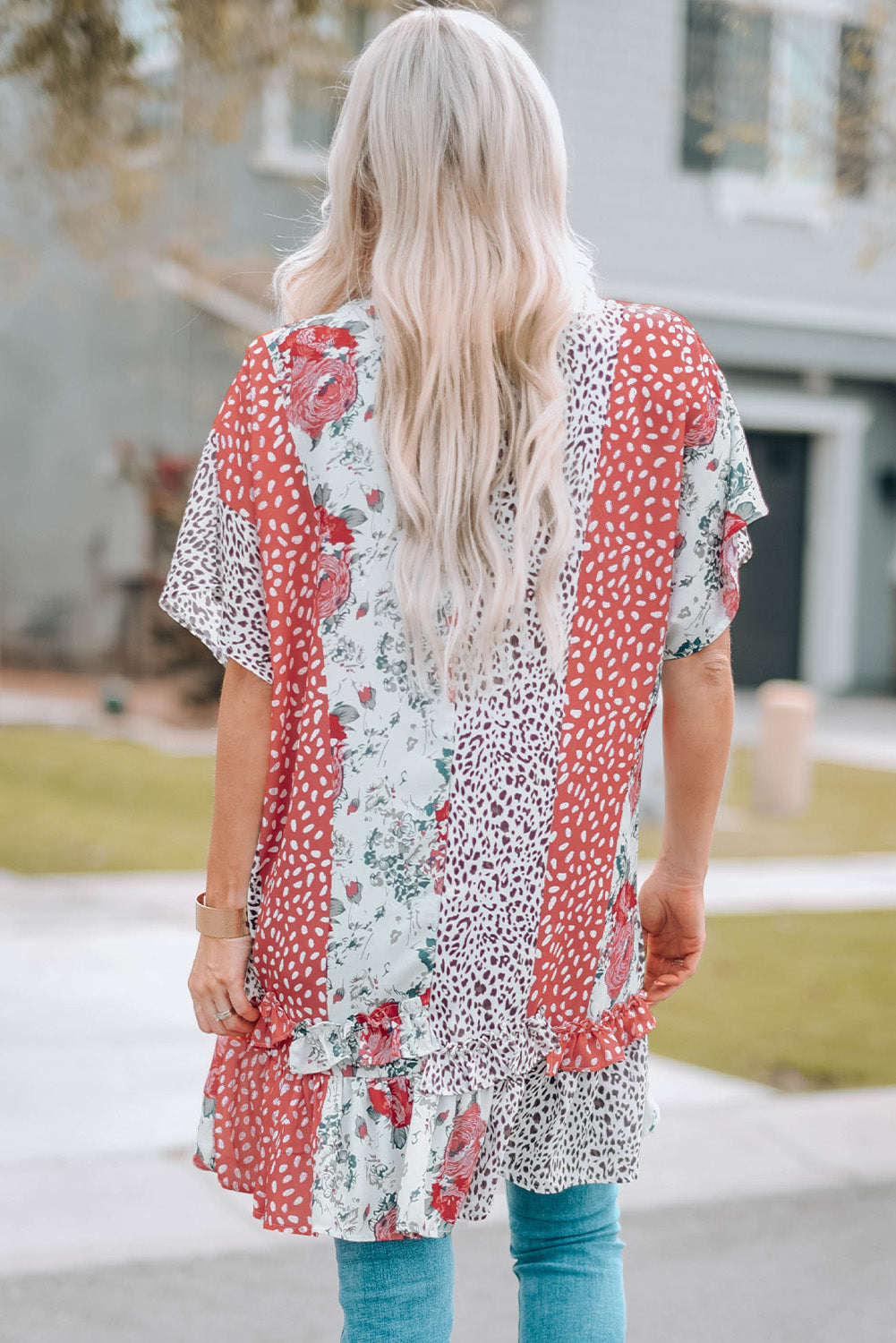 Mixed Print Ruffle Hem Kimono