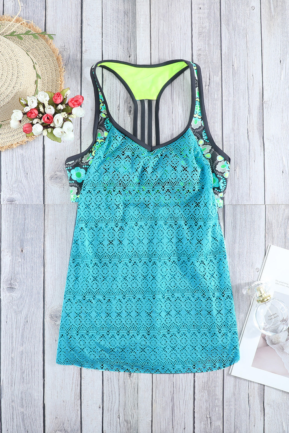 Floral Spliced Lace Tankini Top