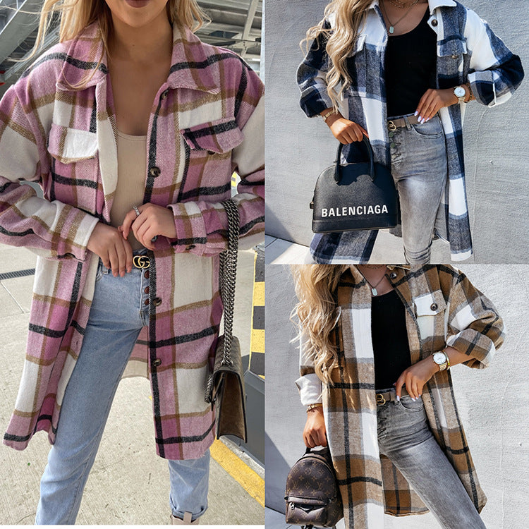 Super Popular Plaid Women's European And American Lapel Plaid Shirt Women