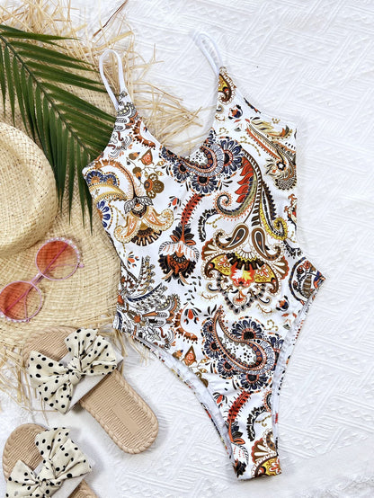 Printed Tie Back Scoop Neck One-Piece Swimsuit