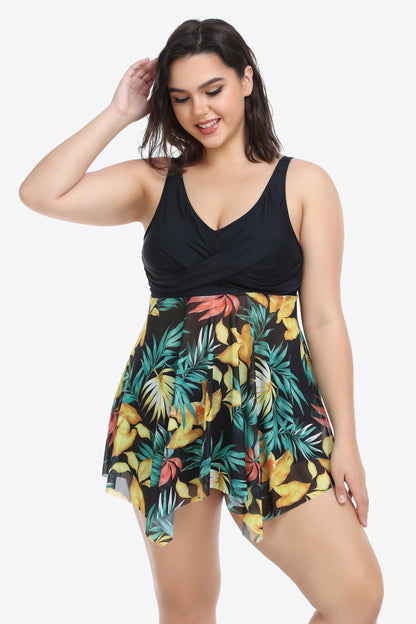 Plus Size Floral Two-Tone Asymmetrical Hem Two-Piece Swimsuit