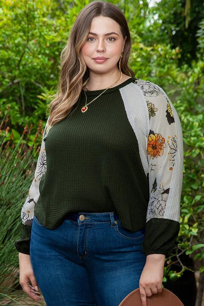 Plus Size Floral Waffle-Knit Round Neck Blouse