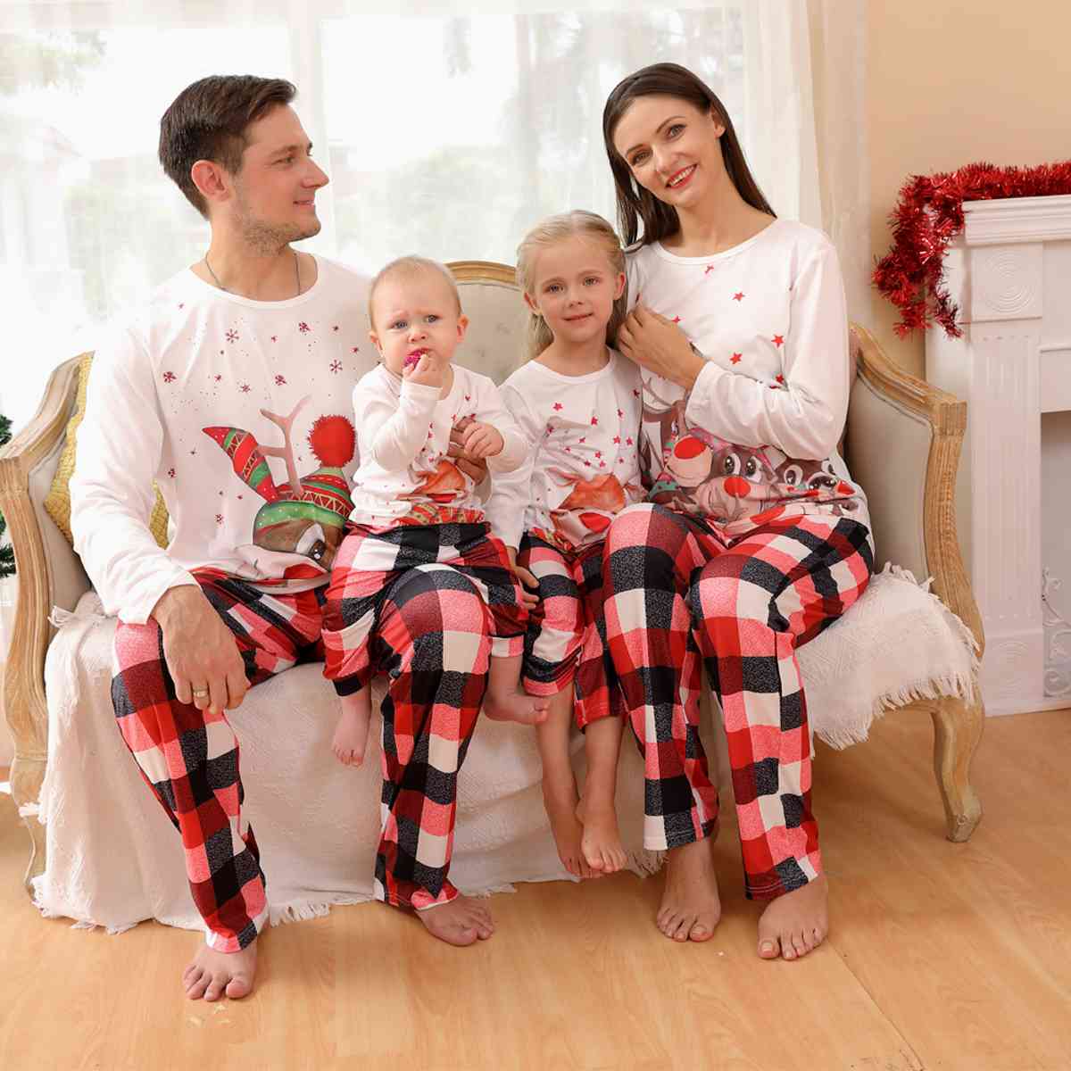 Women Reindeer Top and Plaid Pants Set