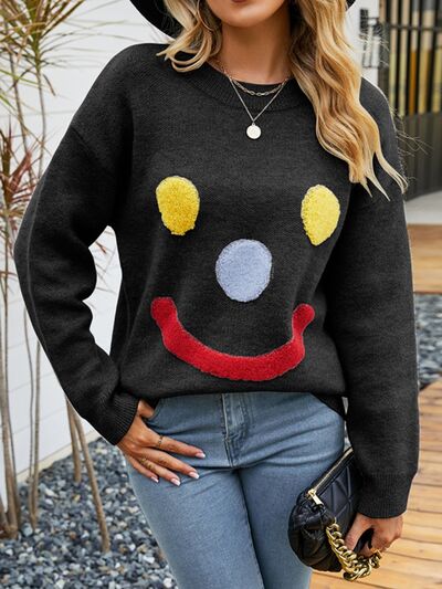 Smile Pattern Round Neck Dropped Shoulder Sweater