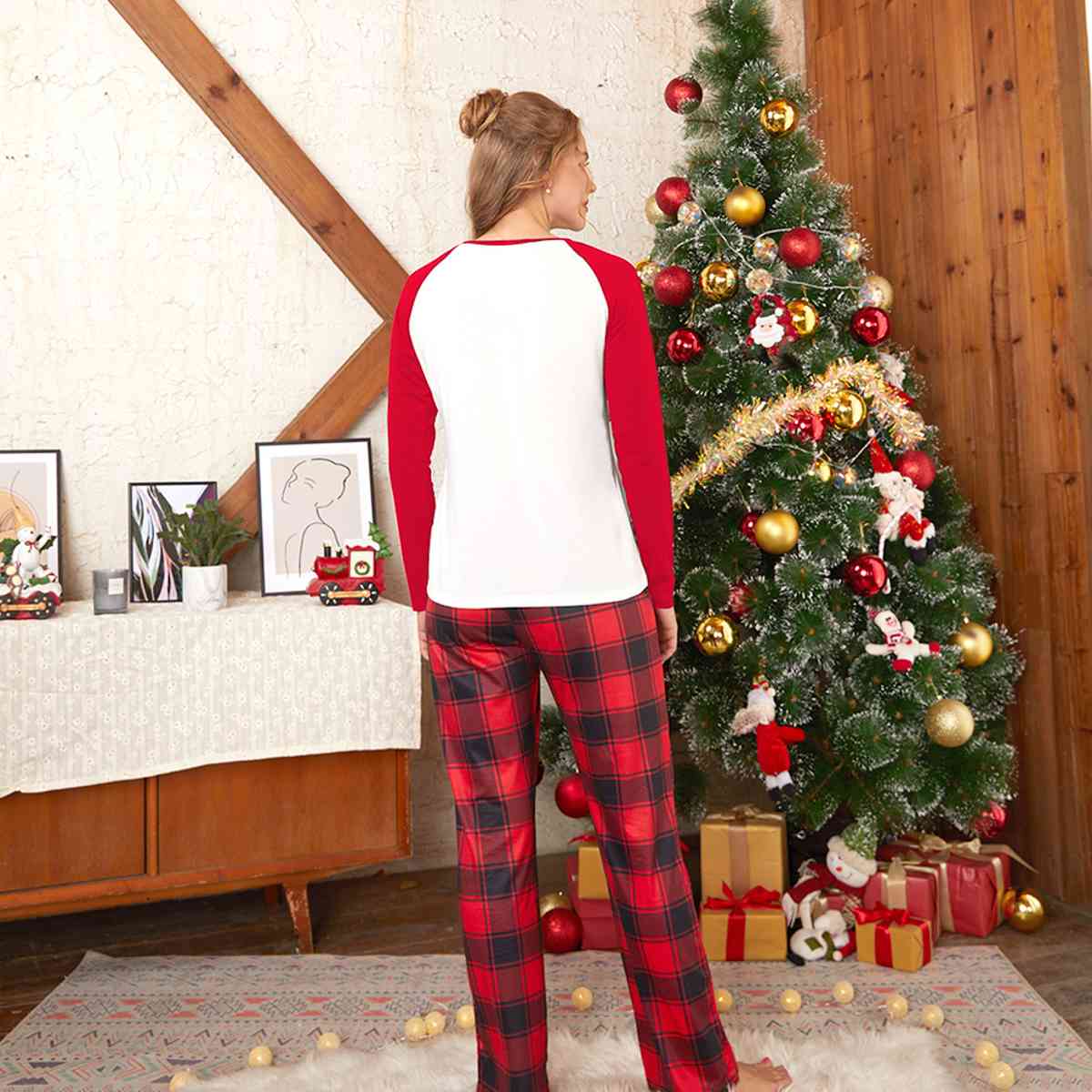 Raglan Sleeve Top and Plaid Pants Set