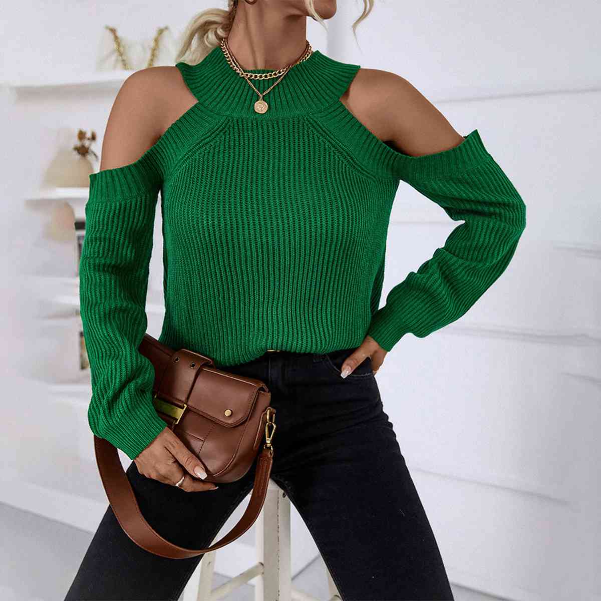 Round Neck Cold-Shoulder Sweater