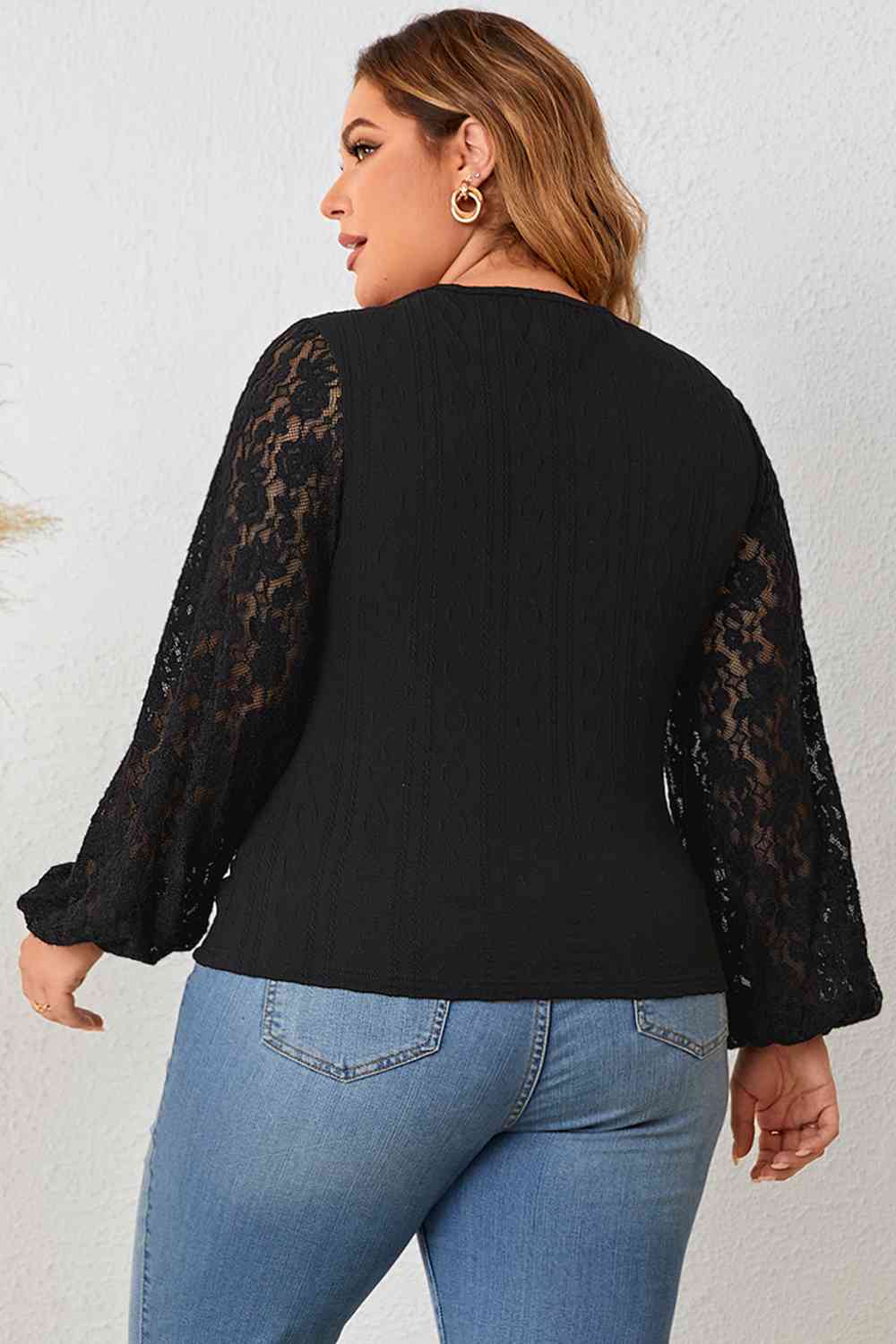 Plus Size Cutout Front Lace Sleeve Blouse