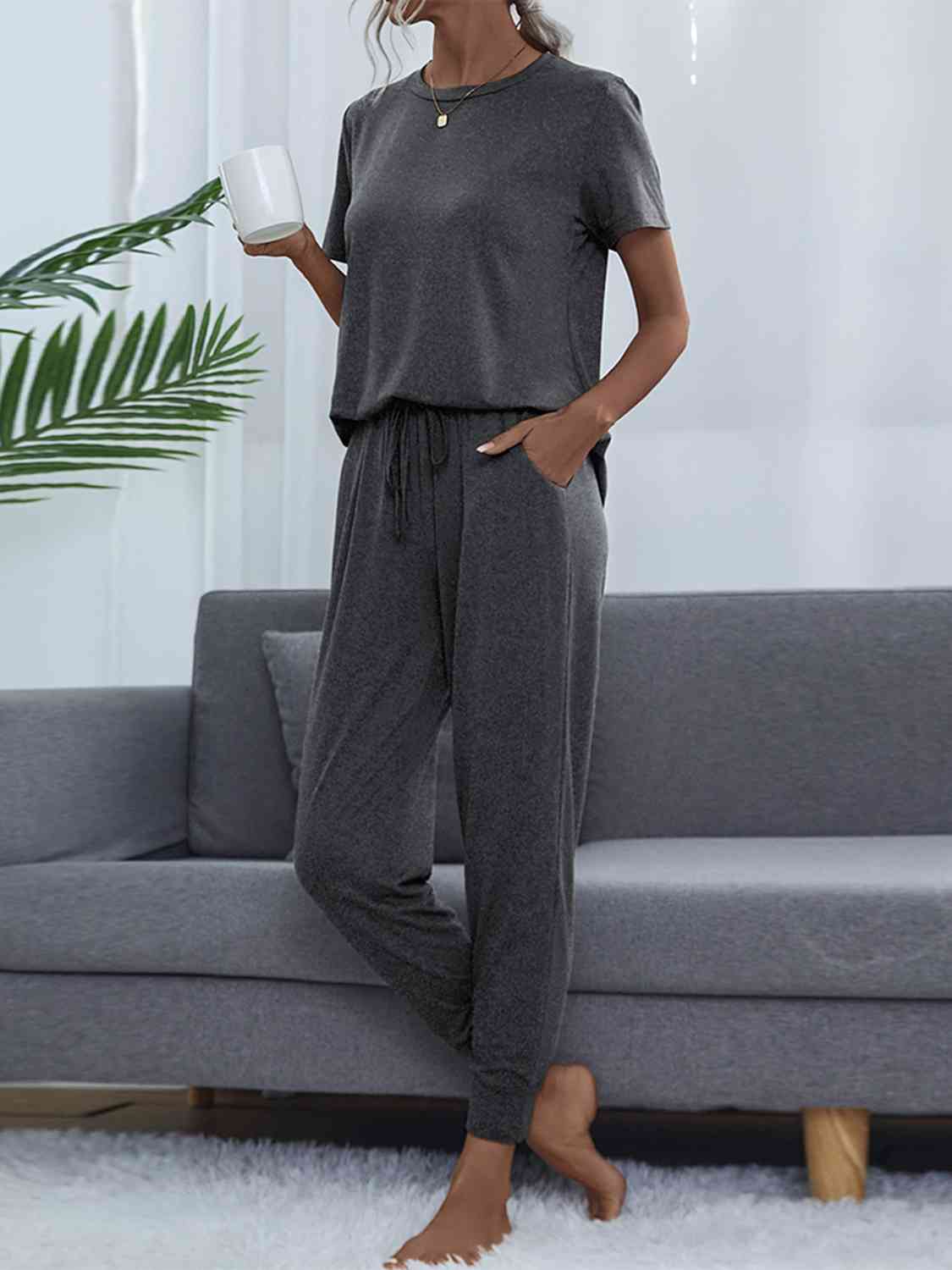 Round Neck Short Sleeve Top and Pants Set