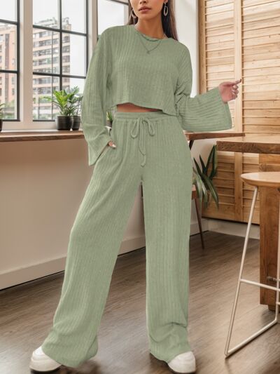 Ribbed Round Neck Top and Drawstring Pants Set