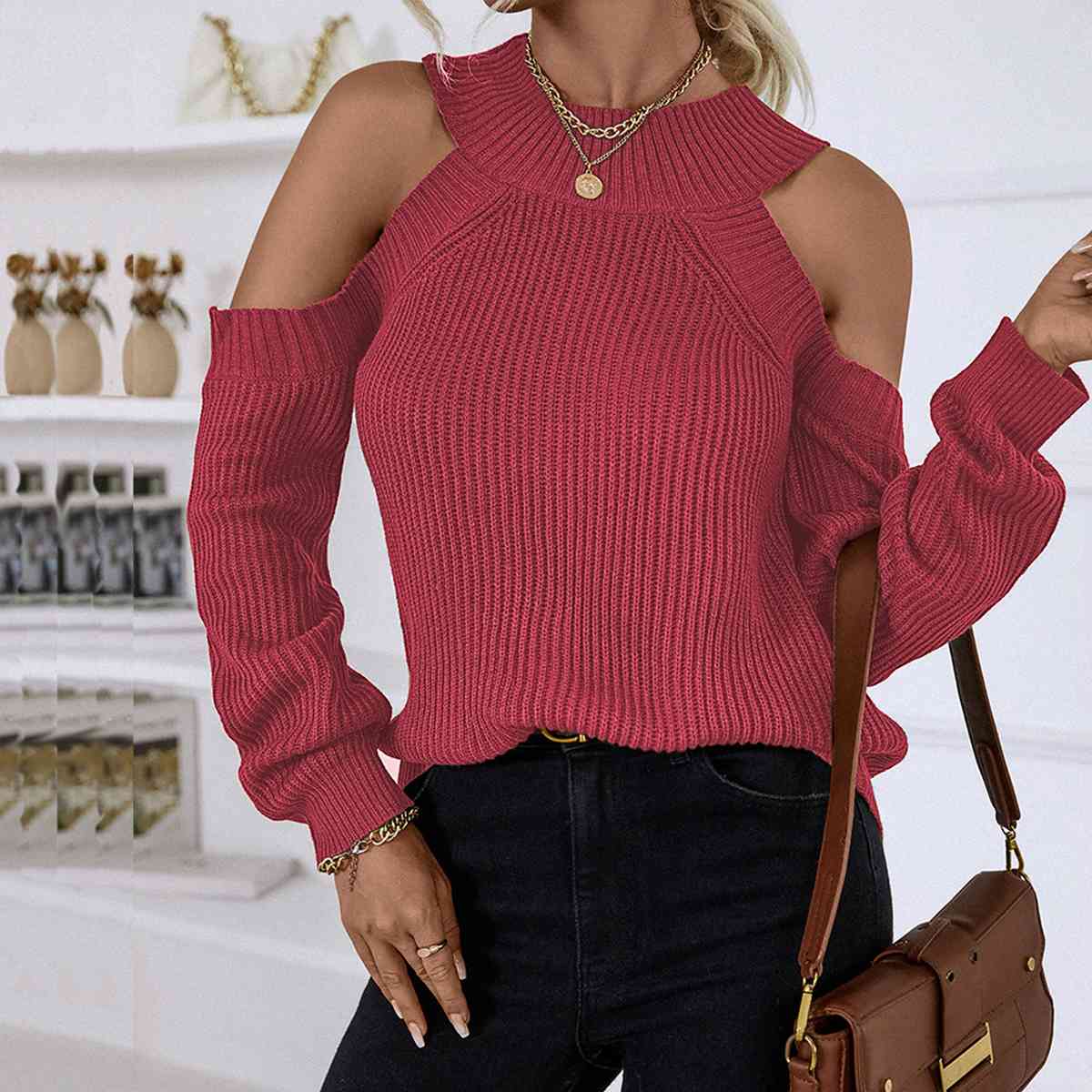 Round Neck Cold-Shoulder Sweater