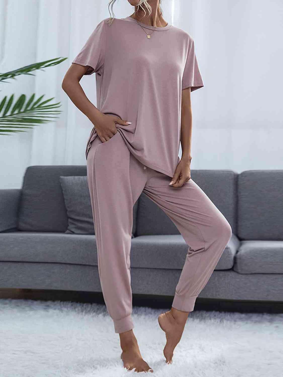 Round Neck Short Sleeve Top and Pants Set