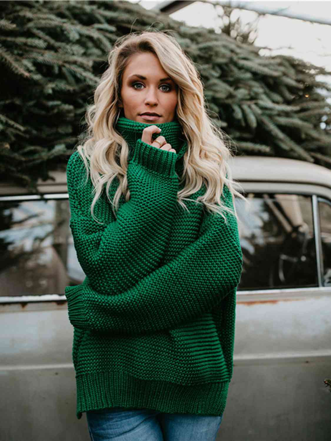 Turtleneck Dropped Shoulder Slit Sweater