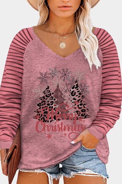 Plus Size MERRY CHRISTMAS Striped Round Neck T-Shirt