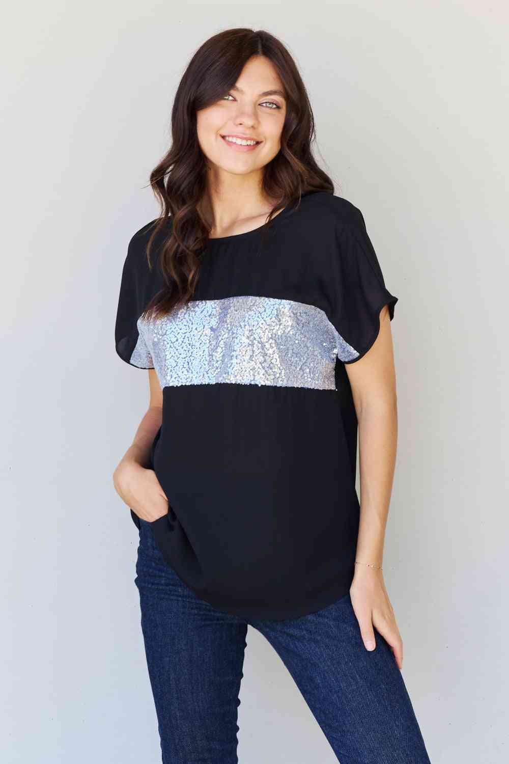 Sew In Love Shine Bright Full Size Center Mesh Sequin Top in Black/Silver