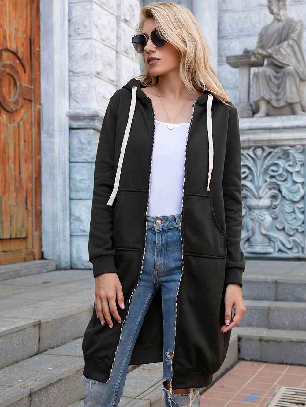 Zip-Up Longline Hoodie with Pockets