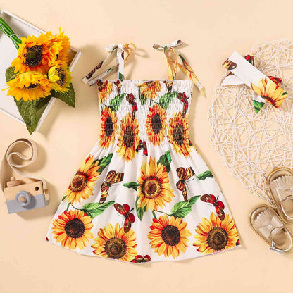 Sunflower Print Smocked Tie Shoulder Dress