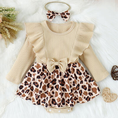 Printed Ruffled Bow Round Neck Bodysuit Dress