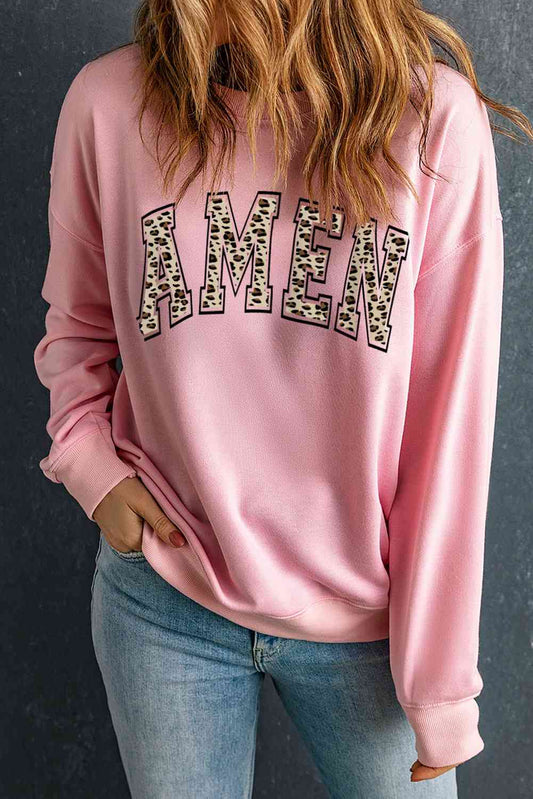 Round Neck Dropped Shoulder AMEN Graphic Sweatshirt