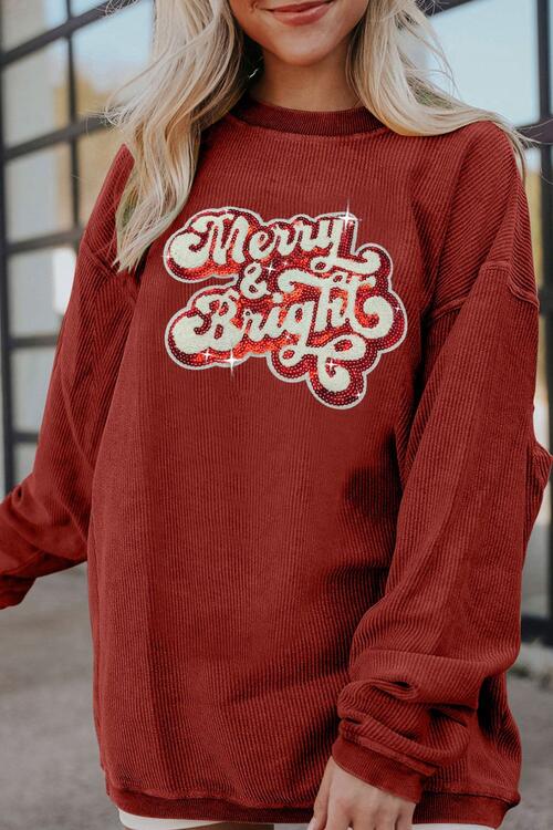 Ribbed Sequin Letter Graphic Round Neck Long Sleeve Sweatshirt