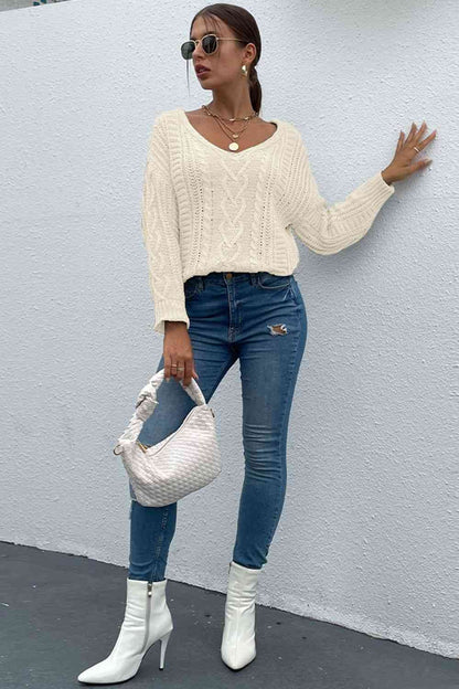 V-Neck Cable-Knit Long Sleeve Sweater