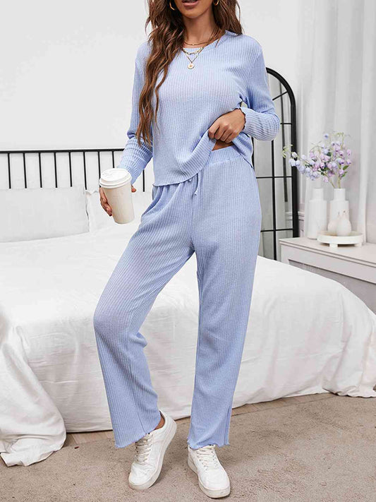 Round Neck Long Sleeve Top and Drawstring Pants Lounge Set