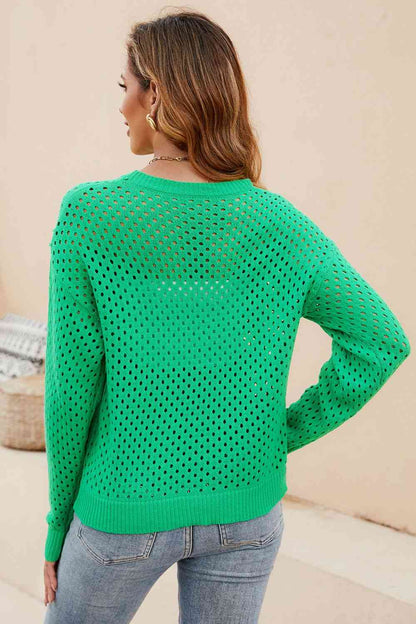 Round Neck Openwork Dropped Shoulder Knit Top