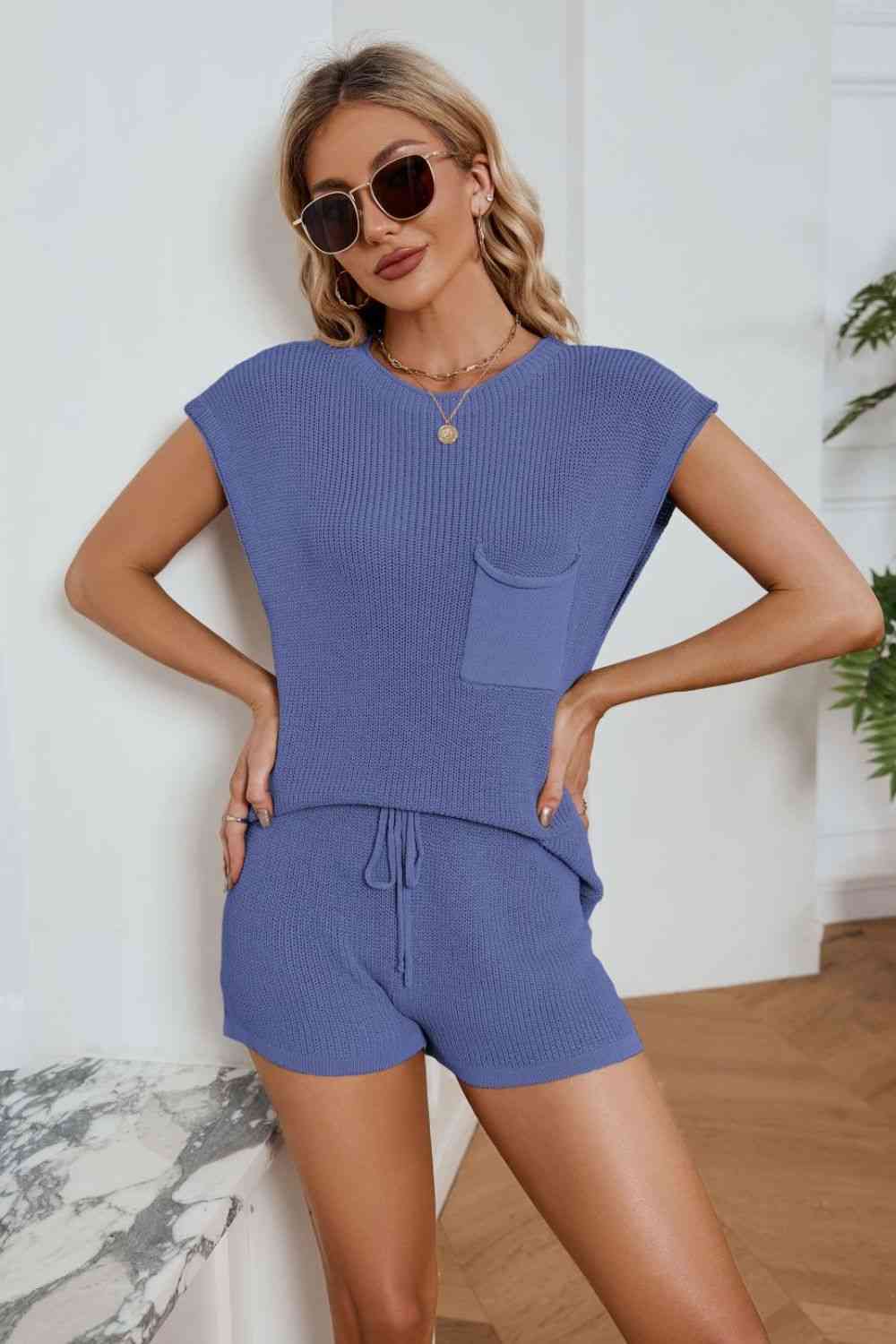 Ribbed Round Neck Pocket Knit Top and Shorts Set