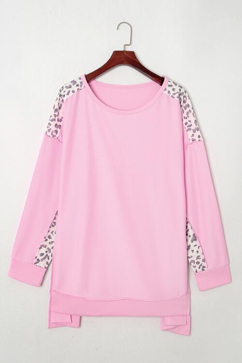 Plus Size Animal Print Exposed Seam Long Sleeve Sweatshirt