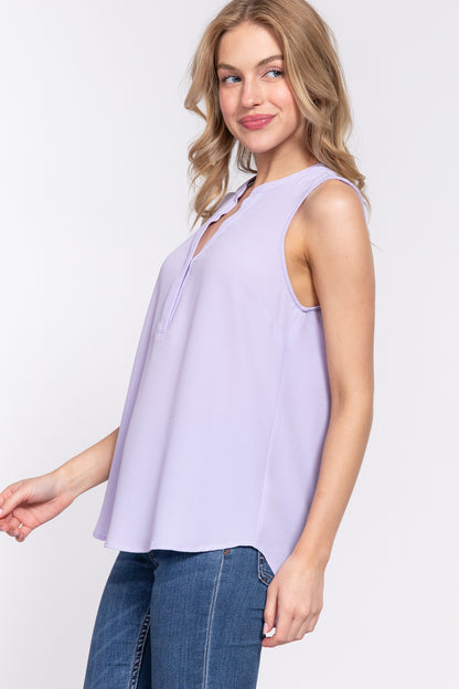 Sleeveless Henley Neck Woven Top