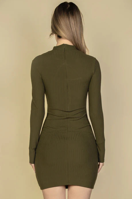 Ribbed Cut Out Front Long Sleeve Bodycon Mini Dress