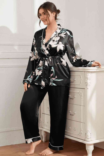 Plus Size Floral Belted Robe and Pants Pajama Set