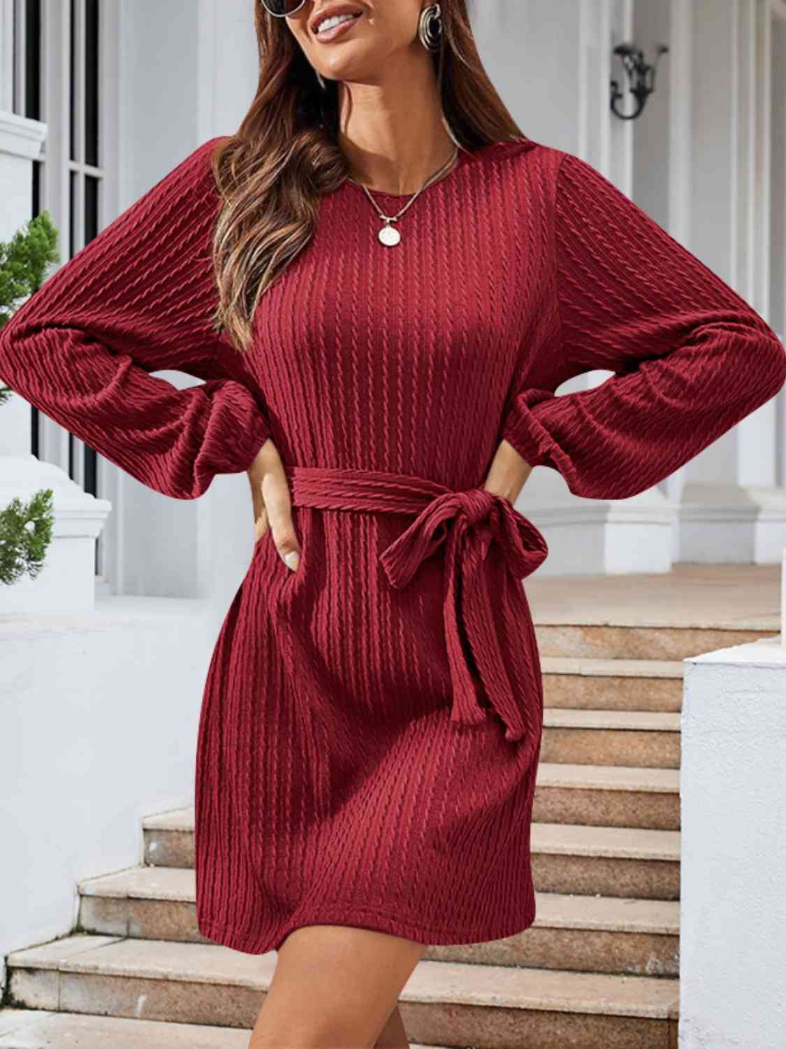 Round Neck Tie Front Long Sleeve Dress