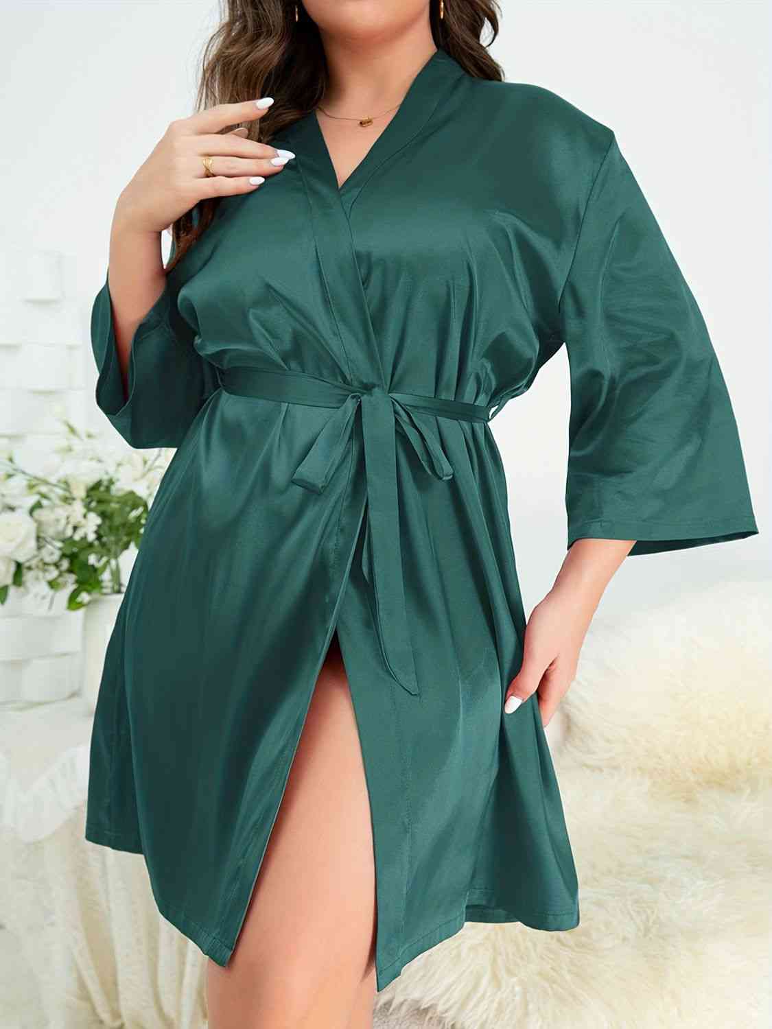 Plus Size Surplice Neck Tie Waist Robe