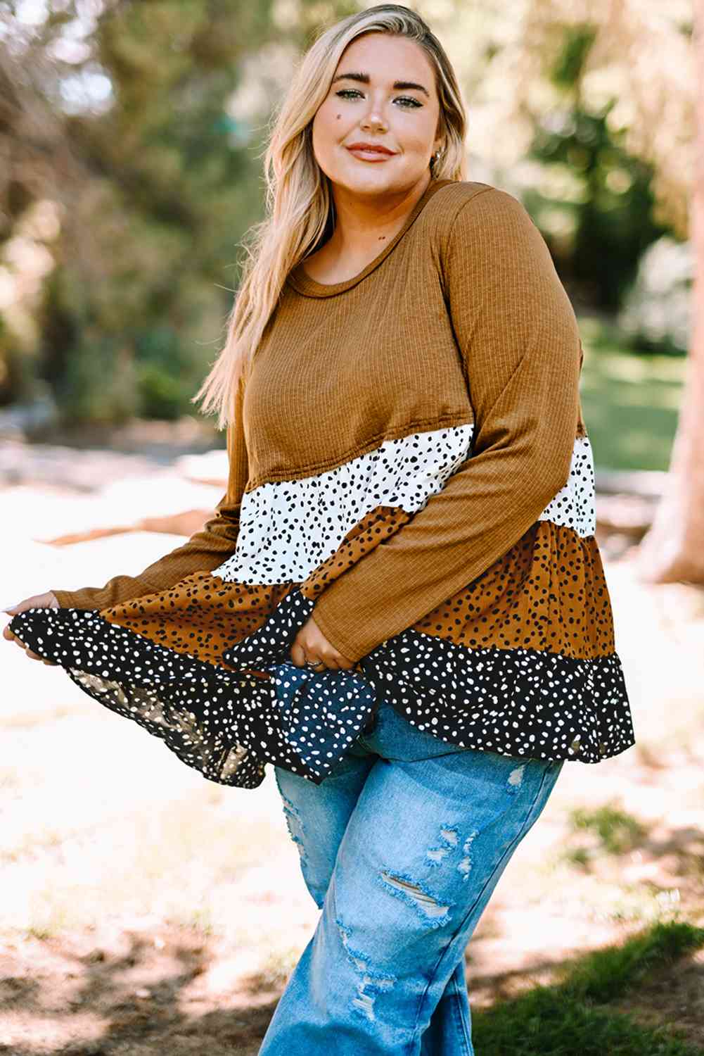 Plus Size Animal Print Color Block Ribbed Babydoll Top