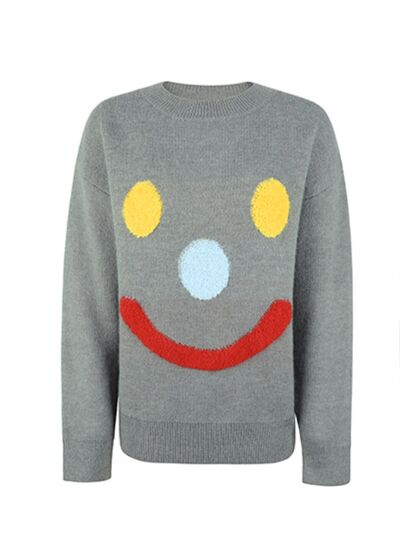 Smile Pattern Round Neck Dropped Shoulder Sweater