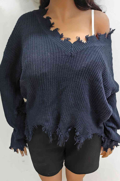 Plus Size Fringe V-Neck Raglan Sleeve Sweater