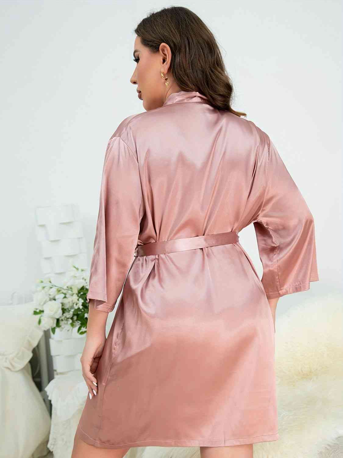 Plus Size Surplice Neck Tie Waist Robe