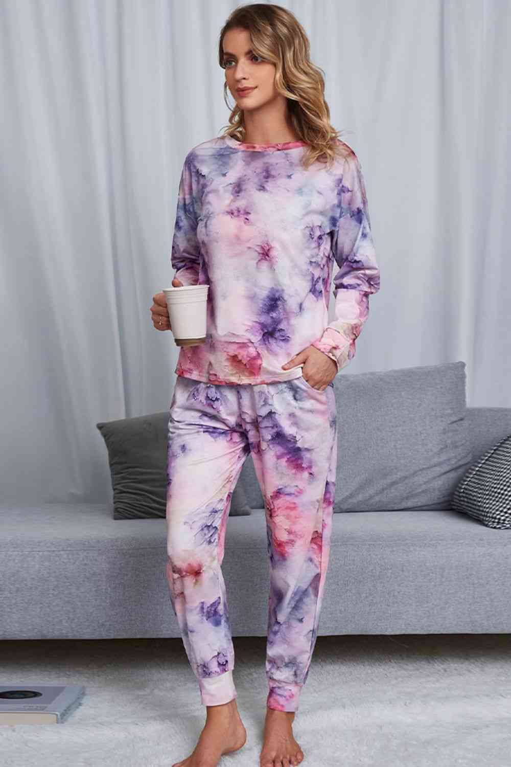 Tie-Dye Crewneck Top and Drawstring Waist Joggers Lounge Set