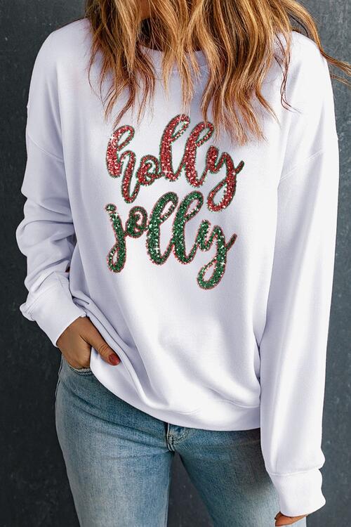 Sequin Round Neck Dropped Shoulder Sweatshirt