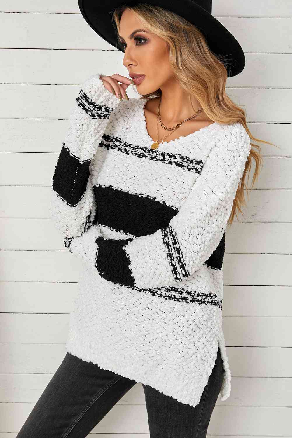 Striped V-Neck Popcorn Knit Sweater