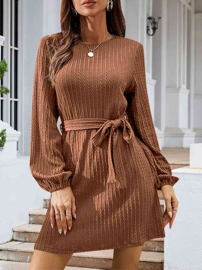 Round Neck Tie Front Long Sleeve Dress