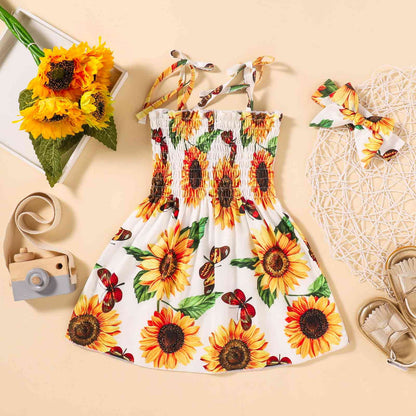 Sunflower Print Smocked Tie Shoulder Dress