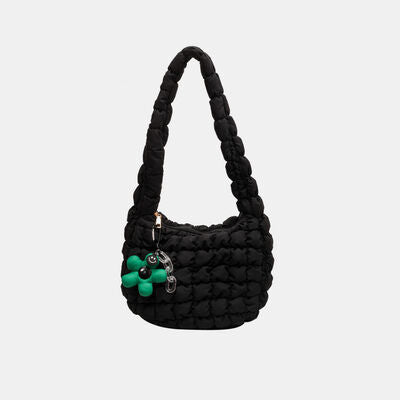 Quilted Shoulder Bag with Flower Pendant