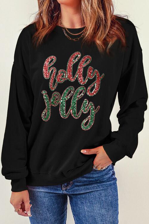 Sequin Round Neck Dropped Shoulder Sweatshirt