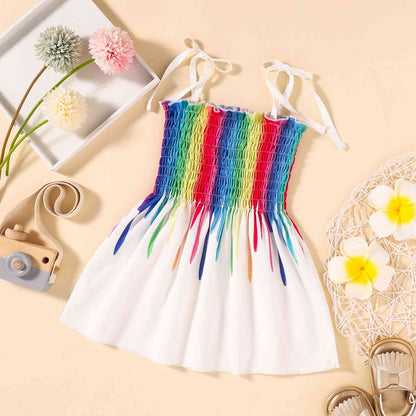 Rainbow Color Tie Shoulder Smocked Dress