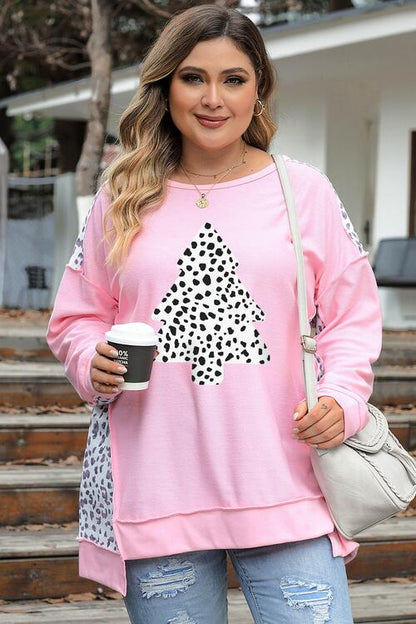 Plus Size Animal Print Exposed Seam Long Sleeve Sweatshirt