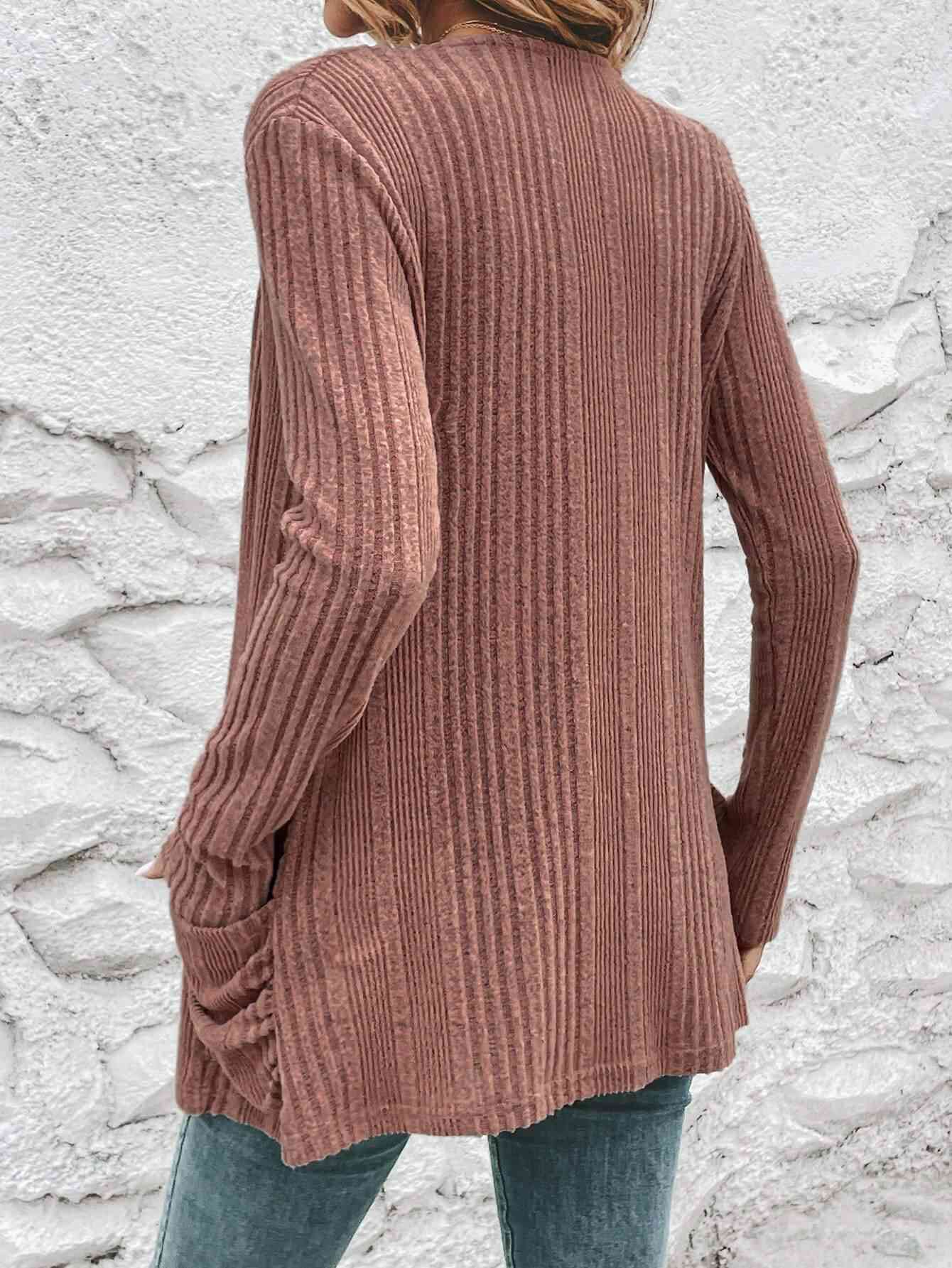 Ribbed Open Front Cardigan with Pockets