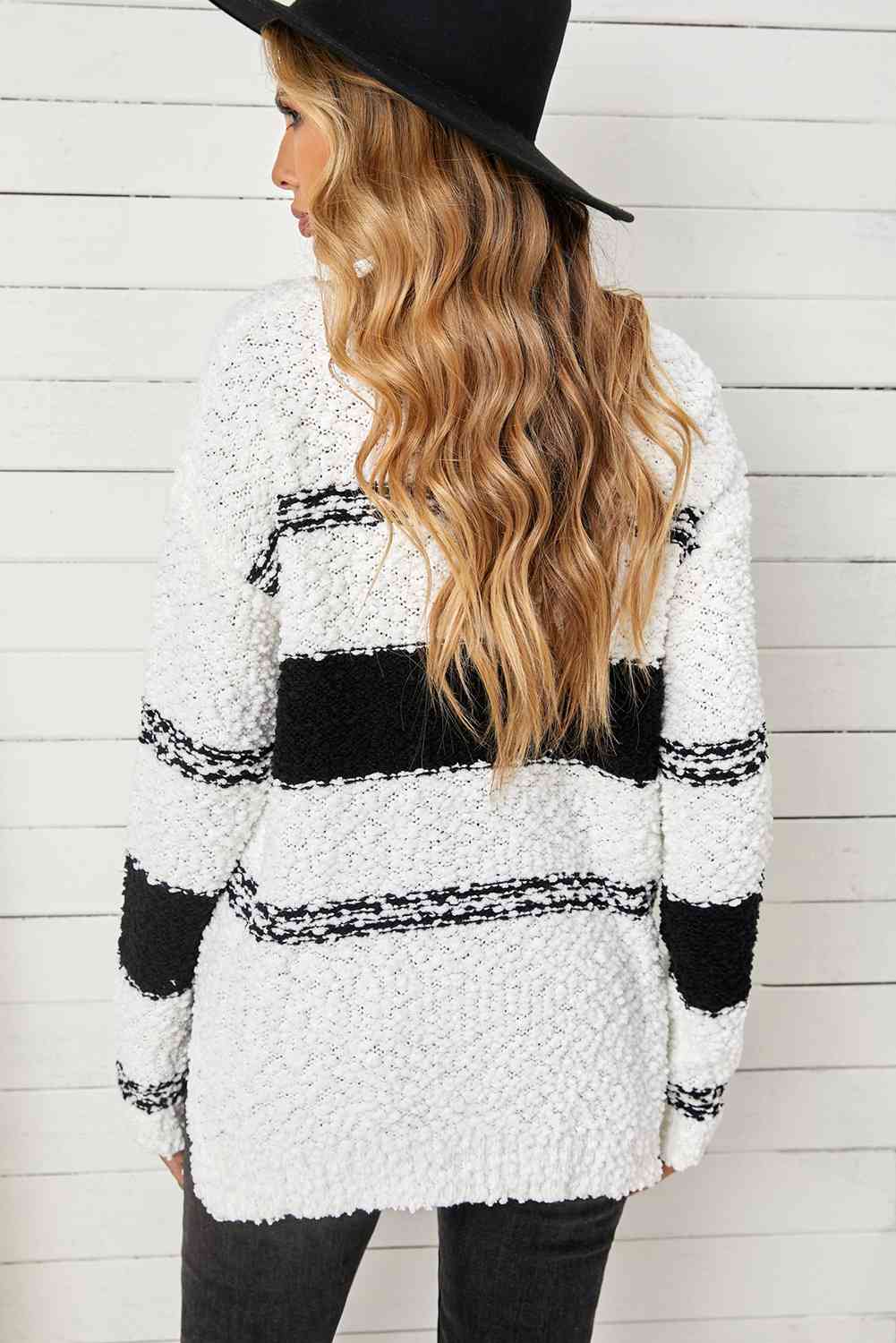 Striped V-Neck Popcorn Knit Sweater