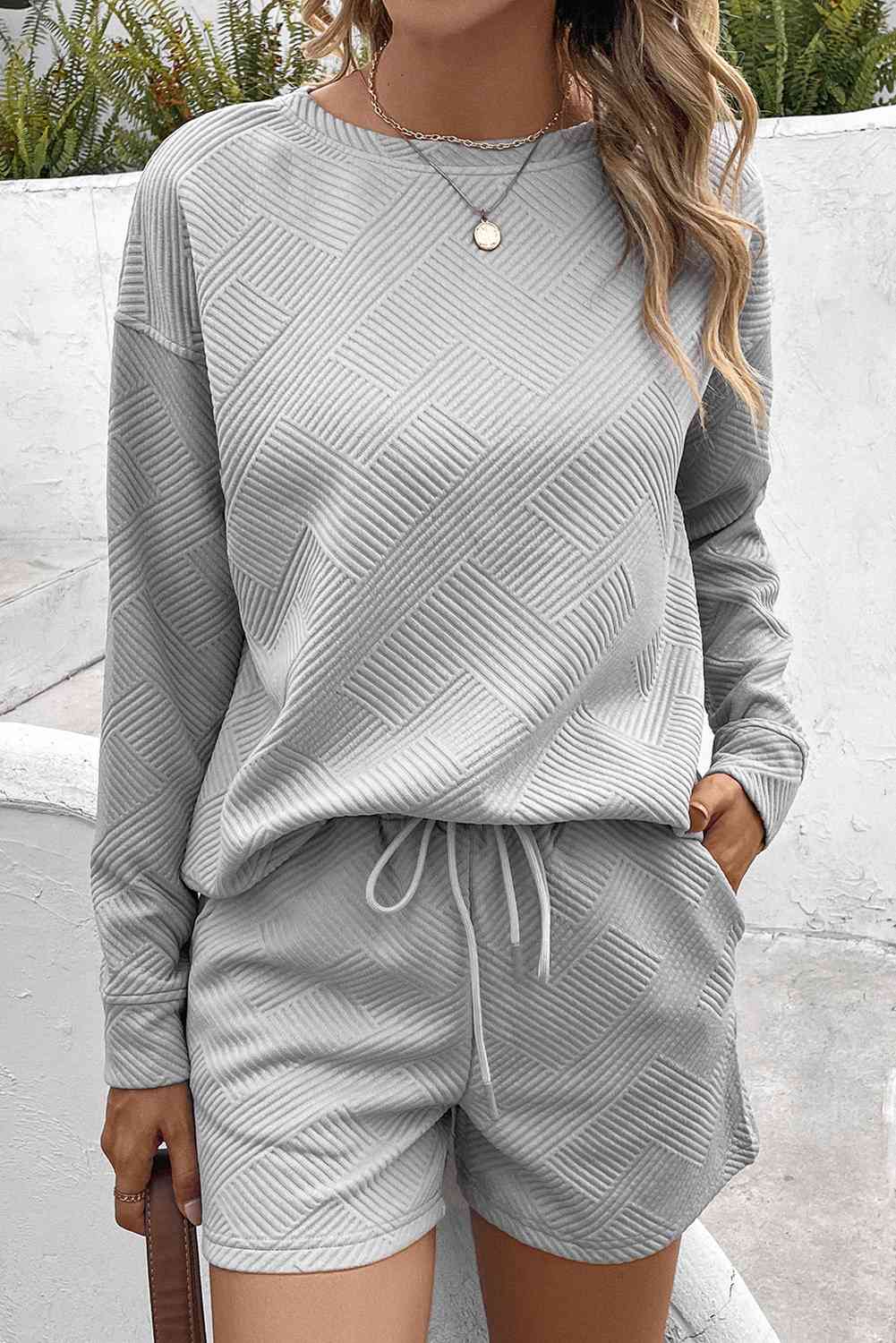 Ribbed Drop Shoulder Sweatshirt and Shorts Set