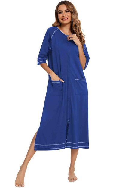 Zip Up Slit Round Neck Night Dress with Pockets